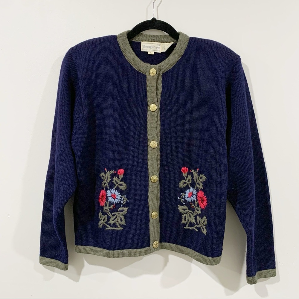 Vintage 100% Worsted Wool Navy Blue Floral Embroidered Cardigan Sweater